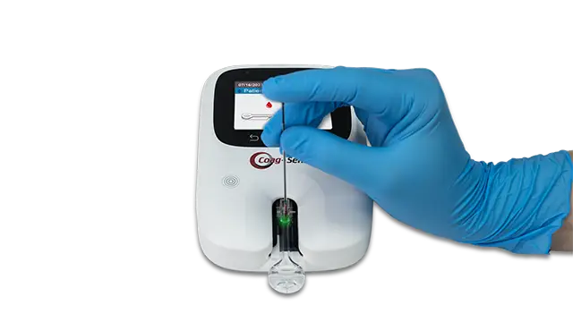 Step 3 Applying sample to meter. Conducting a PT/INR test with the Assure PT Care Meter​. ARKRAY USA, Inc.