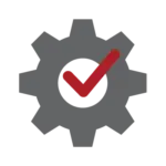 Icon of chekmark inside a gear to represent Proven Methodology: The Assure PT Care system uses micro-mechanical detection for direct measurement of clotting time, ensuring gold-standard accuracy and precision (